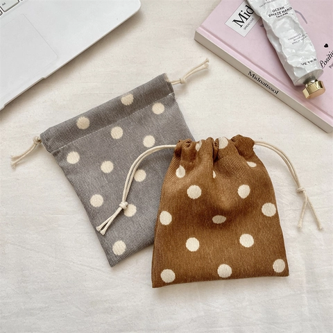 Polka Dot Corduroy Drawstring Pouch Small Makeup Storage Bag For Jewelry Cosmetics Organizer Travel Sundries Pocket