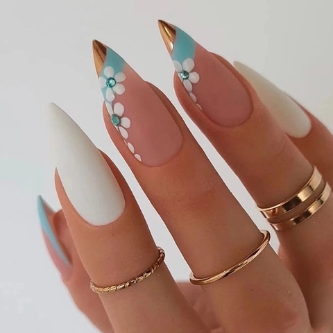 Press On Nails Long Almond Blue Flower Pattern Rhinestone French Style Artificial Fake Nail Tips For Women