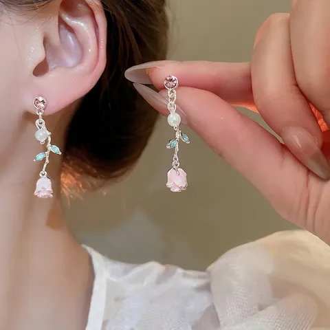 Alloy Pink Rose Flower Drop Earrings With Rhinestone Artificial Pearl And Silver Earring Post Sweet Romantic For Women