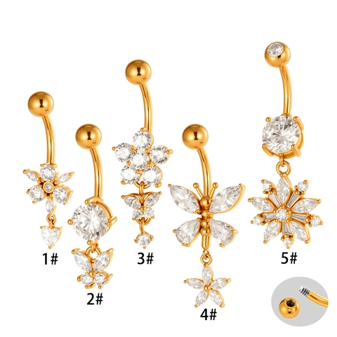 Stainless Steel Belly Button Rings Butterfly Flower Dangle Cubic Zirconia Curved Navel Piercing Jewelry For Women