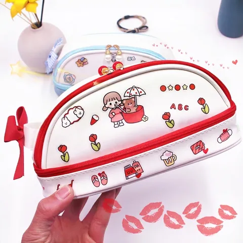 Kawaii Cartoon Pencil Case PU Leather Double Layer Large Capacity Stationery Bag With Bowknot For Girls Japanese Style