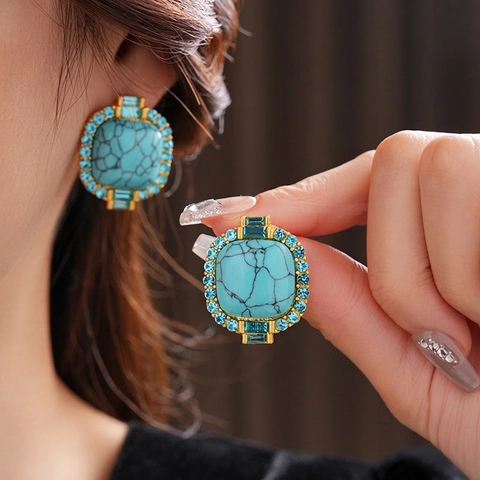 Vintage Square Stud Earrings With Silver Earring Post Alloy Faux Turquoise Blue Rhinestone Palace Style Luxury For Women