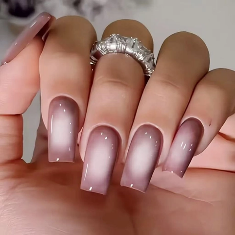 Press On Nails Ombre Nude White Gradient Glossy Long Square Full Cover False Nail Tips For Women