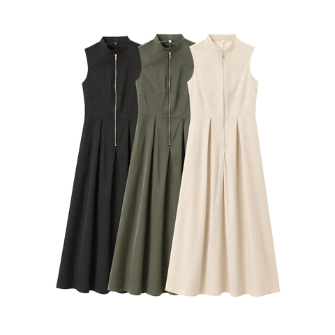 Elegant Sleeveless Stand Collar Maxi Dress For Women Front Zipper Pleated A-Line Polyester Long Flowy Dress