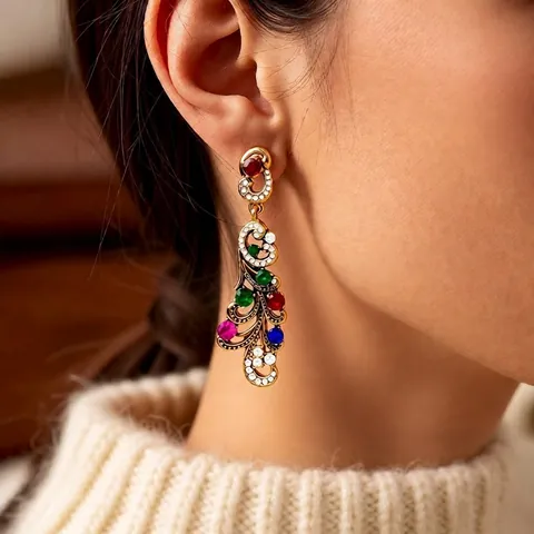 Pendientes Colgantes Vintage Aleación Oro Filigrana Con Poste De Plata Diamantes De Imitación Coloridos Geométricos Mujeres Fiesta