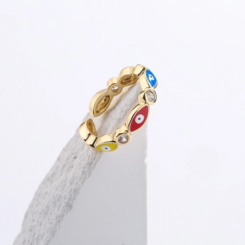Bague Ouverte Oeil Maléfique Cuivre Plaqué Or 18K Émail Zircon Géométrique Réglable Bijoux De Mode Pour Femmes Style Bohême