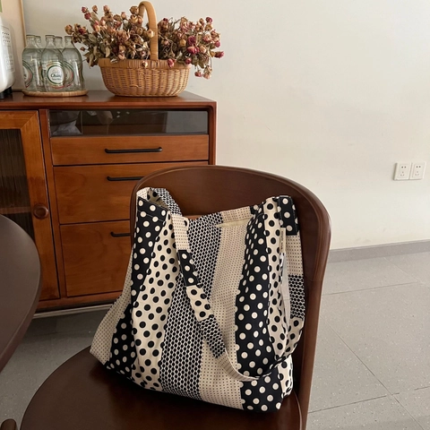 Polka Dot Striped Patchwork Cotton Canvas Tote Bag Large Capacity Minimalist Artistic Animal Pattern Shoulder Handbag Women