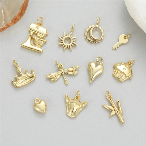 14K Gold Plated Copper Charms Sun Heart Dragonfly Crown Pendants For DIY Jewelry Making Accessories Minimalist Style