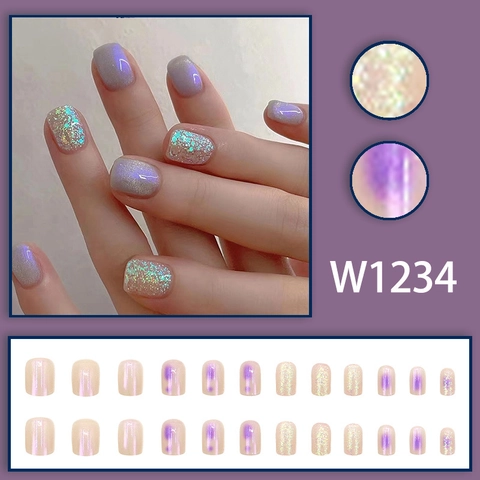Unghie Finte Corte Quadrate Arrotondate Aurora Viola Luccicante Sfumato Glitter