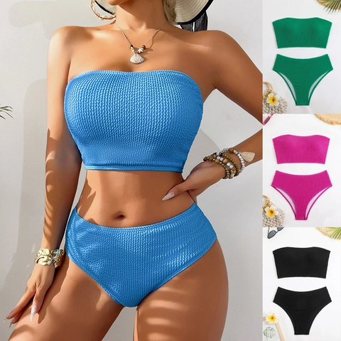 Bikini Costume Da Bagno Top Bandeau E Slip A Vita Alta Texture Arricciata Senza Spalline Abbigliamento Mare Donna