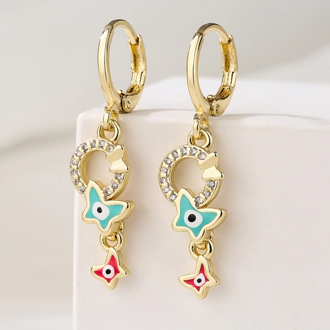 Evil Eye Anhänger Ohrringe 18K Vergoldet Kupfer Schmetterling Stern Emaille Strass Tropfen Schmuck Für Damen