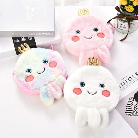 Cute Plush Octopus Crossbody Bag Soft Cartoon Jellyfish Shape With Golden Crown For Kids Girls Kawaii Gift