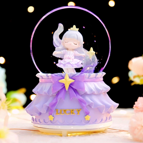 Cartoon Girl Crystal Ball Music Box Snow Globe With LED Light And Music Glass Resin Desktop Decoration For Bedroom