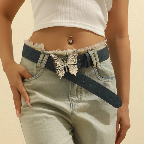 Cintura Da Donna In Pelle PU Grande Fibbia A Farfalla Argento Floreale Goffrato Y2K Stile Etnico