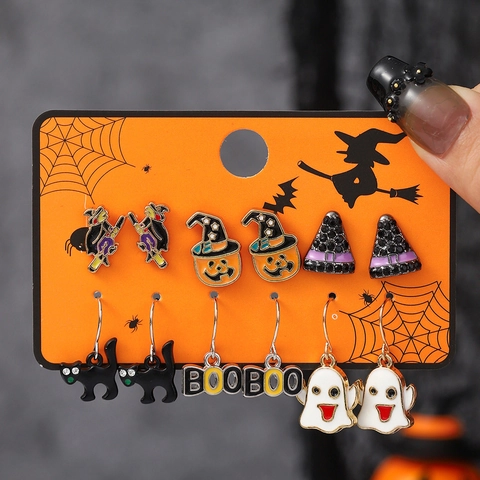 Halloween Ohrstecker Set Für Damen Legierung Hexe Kürbis Geist Schwarze Katze BOO Muster Festlicher Schmuck Mit Edelstahl Stift