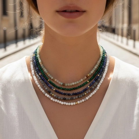 Retro Natural Stone Round Bead Necklace Malachite Amazonite Fashion Layered Choker With Gold Alloy Beads Extender Chain
