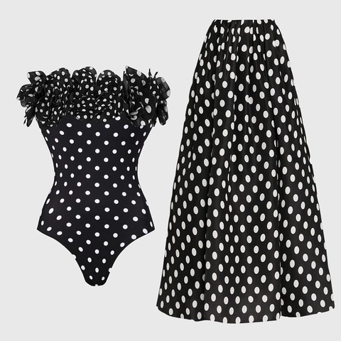Polka Dot One-Piece Swimsuit And High Waist Skirt Off Shoulder Retro Ruffle 3D Floral Beachwear Polyester Spandex Women