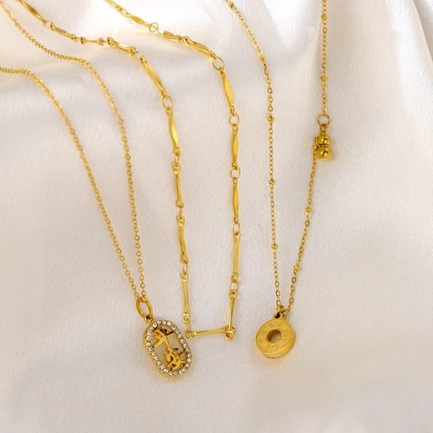 Gold Stainless Steel Chinese Ping'an Character Pendant Necklace For Women Layered Rhinestone Gourd Bone Link Jewelry