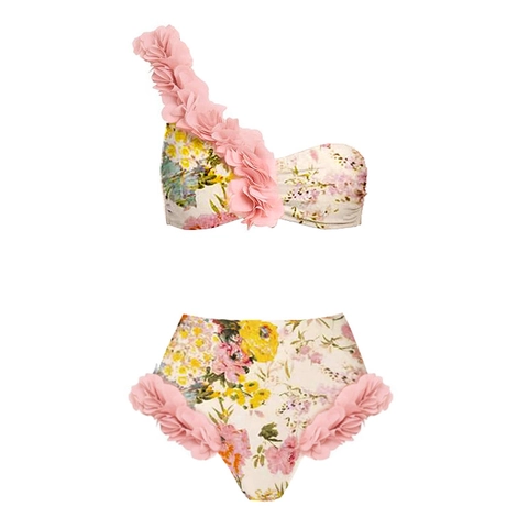 Women Floral Swimsuit With 3D Flower Applique One Shoulder High Waist Bikini One Piece Bathing Suit Beach Wrap Skirt Sarong