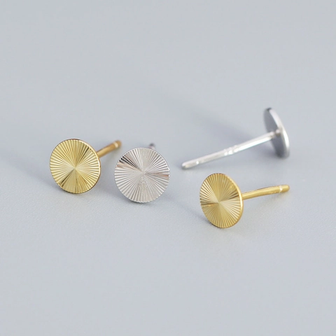 925 Sterling Silver Round Stud Earrings Geometric Sunburst Texture Minimalist Delicate Jewelry For Women High Quality