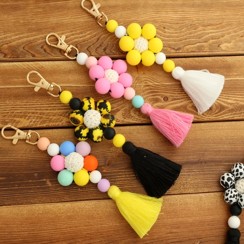Silicone Bead Flower Tassel Keychain Boho Handmade Bag Pendant Car Accessory Fashion Key Ring For Women Jewelry Gift