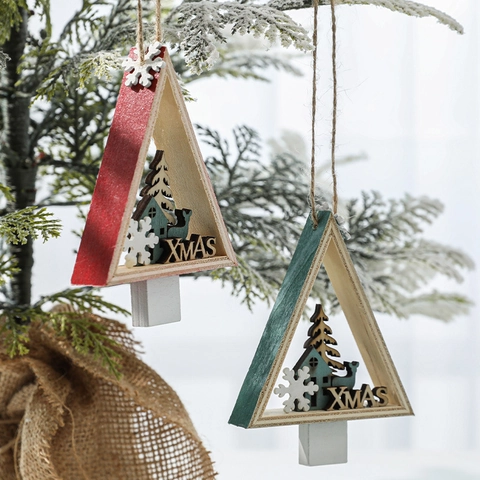 Decorazione Sospesa Natale Triangolo Legno Lettera XMAS Albero Renna Fiocco Di Neve Pendente Decoro Casa Festa