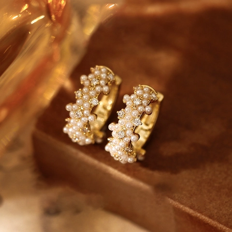 Elegant Hoop Earrings Gold Plated Alloy Imitation Artificial Pearl Zircon Inlay Retro French Style Silver Earring Post Women