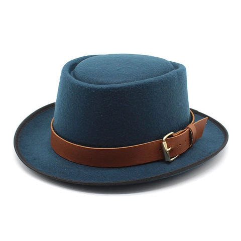Chapeau Pork Pie Vintage En Feutre De Laine Bord Court Fedora Avec Bande En Similicuir Boucle Doree Style Britannique