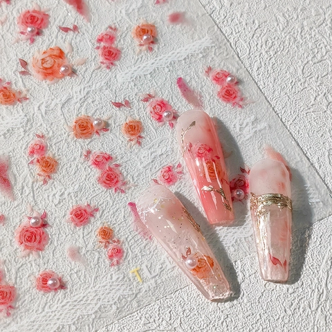 Nail Art Stickers 3D Relief Rose Flower Artificial Pearl White Lace Retro French Style Self Adhesive For DIY Manicure Decoration