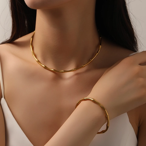 Gargantilla Y Brazalete De Bambú Retro Acero De Titanio No Se Desvanece Pulido Para Mujer Minimalista Estilo Vintage