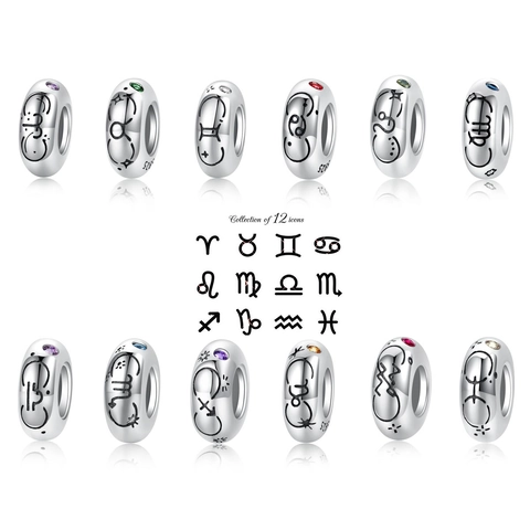 S925 Sterling Silver 12 Zodiac Charms Beads With Colorful Zirconia Oxidized DIY Pendant For Bracelet Necklace Women Jewelry