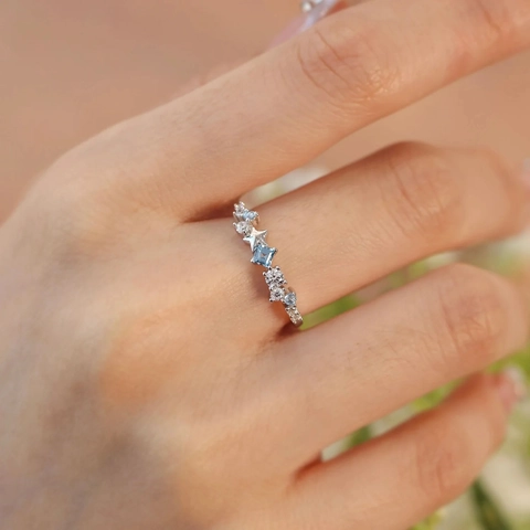 925 Sterling Silver Ring Romantic Starry Sky Blue White Zircon Star Design Elegant Jewelry For Women