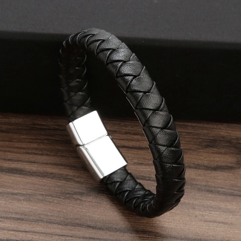 Bracciale Retrò In Pelle Microfibra Intrecciata Con Chiusura Magnetica In Lega Di Zinco Per Uomo