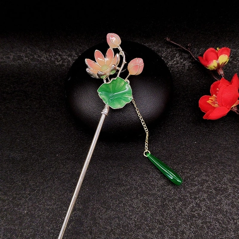 Pic À Cheveux Lotus Vintage Alliage Émail Fleur Gland Pendentif Goutte Style Chinois Accessoire Cheveux Pour Femmes