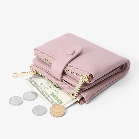 Portafoglio Corto Donna Pelle PU Motivo Litchi Bottone Pressione Tasca Zip Slot Carte Pochette Minimalista