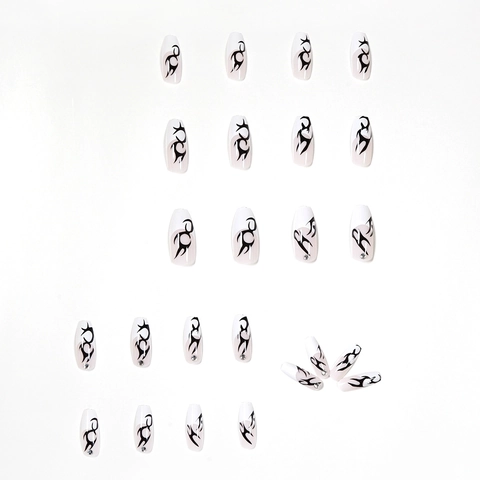 Unghie Finte Lunghe Bara Fiamma Motivo Tribale Nero Bianco Decorazione Strass Lucido Acrilico Per Donne