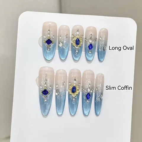 Vintage Luxe Blauw Gradiënt Cat Eye Press On Nagels Met 3D Bedels En Steentjes Handgemaakte Kunstnagels Royal Stijl