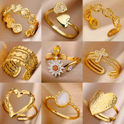 Stainless Steel Adjustable Open Rings For Women Heart Shell Butterfly Geometric Sun Gold Plated Fashion Jewelry
