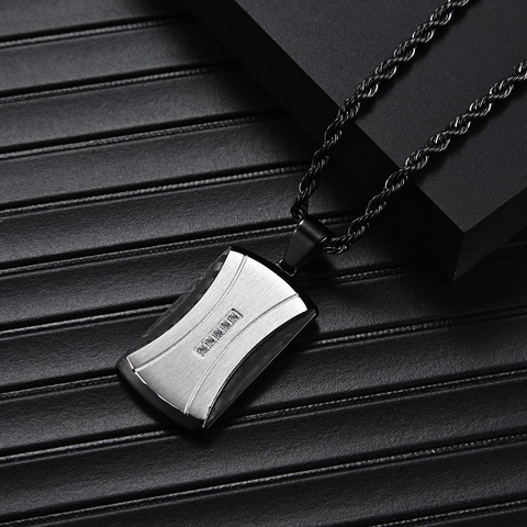 Collana Pendente Uomo Acciaio Inossidabile Rettangolo Piastrina Nero Argento Bicolore Spazzolato Zirconia Gioielli Moda