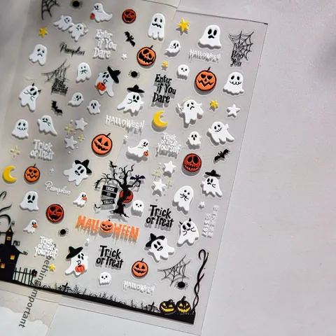 Pegatinas 3D en Relieve para Uñas de Halloween Dibujos Animados Calabaza Fantasma Murciélago Gato Castillo Diseño DIY Mujeres