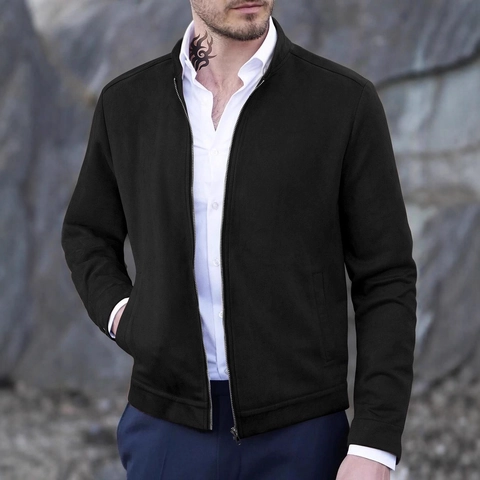 Herren Slim Fit Jacke Wildlederimitat Stehkragen Reißverschluss Business Casual Einfarbig Leichte Langarm Oberbekleidung