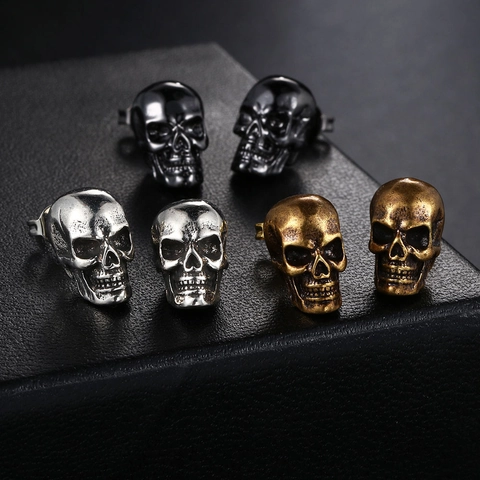 Skull Stud Earrings Copper Zircon Gothic Hip Hop Distressed Retro Punk Halloween Jewelry For Men Women Gold Plated