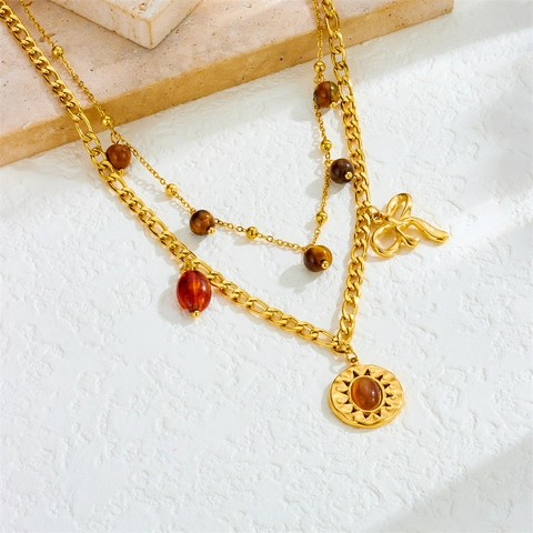 Stainless Steel Double Layered Necklace With Tiger Eye Stone Sun Pendant And Bow Knot French Retro Jewelry For Women