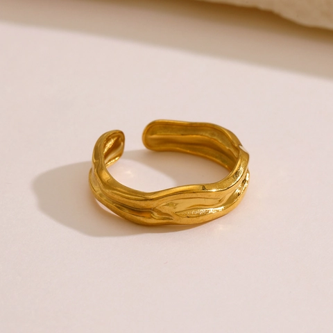Anillo Abierto Con Textura De Lava Irregular Acero Inoxidable Chapado En Oro Ajustable Metal Líquido Joyería Retro Minimalista