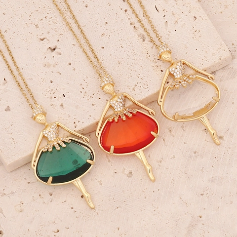 Collier Pendentif Danseuse Ballerine Avec Pierre Gemme Colorée Cuivre Zircon Bijoux Style Coréen Élégant Pour Femmes