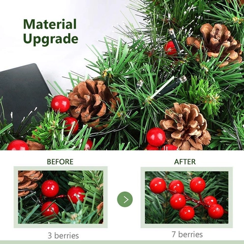 Weihnachts Kranz Künstliche PVC Kiefernnadeln Mit Zapfen Roten Beeren LED Lichter Für Haustür Haus Dekoration