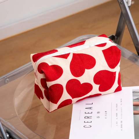 Bolsa De Maquillaje De Pana Con Estampado De Corazón Neceser De Viaje Gran Capacidad Cremallera Dulce Portátil