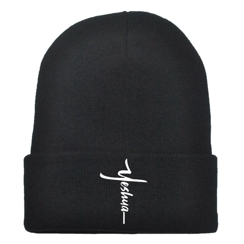 Stricksbeanie Mütze Yeshua Buchstaben Stickerei Kreuz Design Winter Warm Acryl Mode Umschlagmütze Für Herren Damen