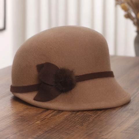 Chapeau Cloche Femme En Feutre De Laine Avec Nœud Et Boule De Fourrure De Vison Fedora Vintage D'Hiver Pour Dame
