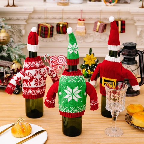 Christmas Knitted Wine Bottle Covers Mini Sweater Hat Reindeer Snowflake Santa Belt Style Holiday Party Table Decoration